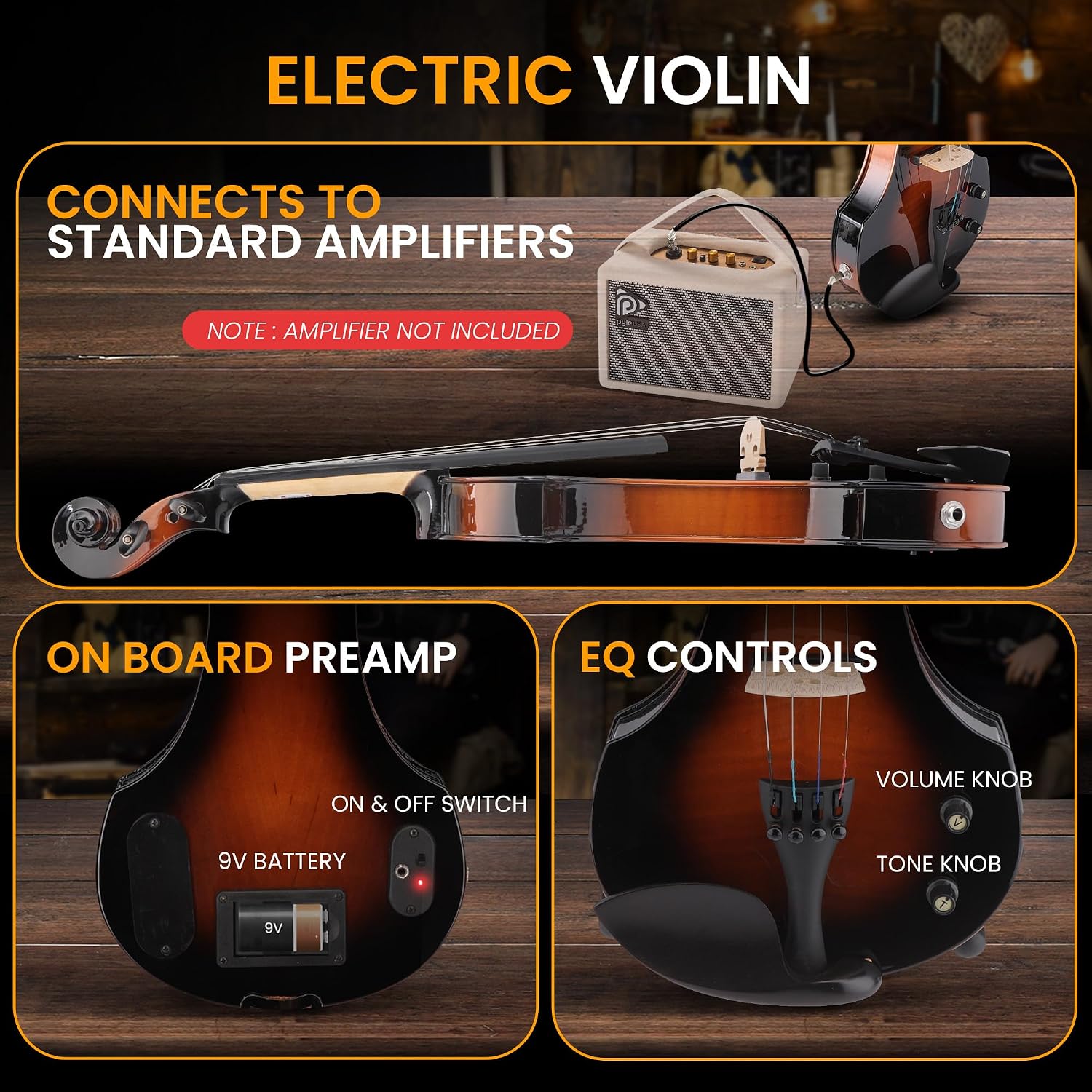 Pyle Full Size Electric Violin Kit - 4/4 Solid Wood Silent Fiddle with Hard Case