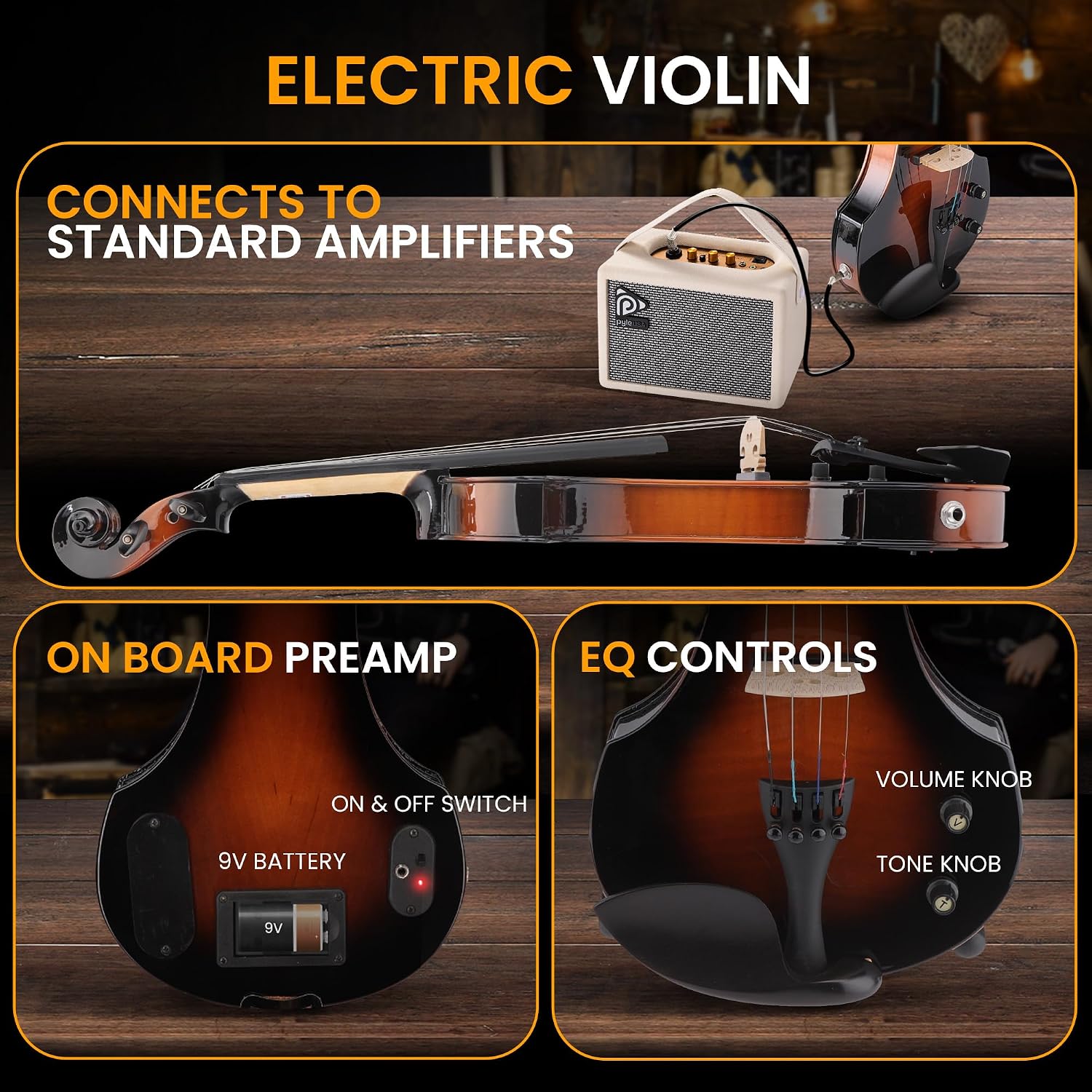 Pyle 4/4 Silent Electric Violin with Amplifier Kit